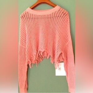 New women's crop fringed long sleeves scoop neck knit pink sweater, size L/XL